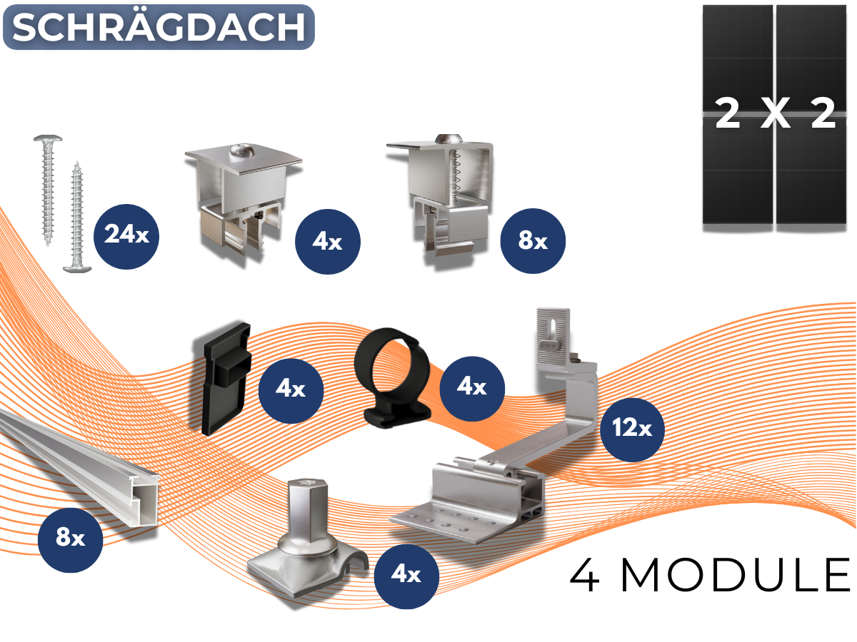 Montageset 4 PV-Module Schrägdach/Ziegeldach (2x2) 1200 mm