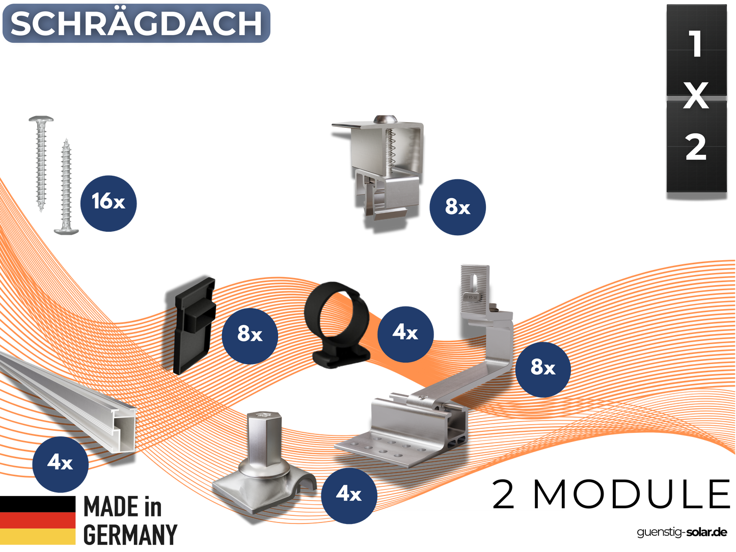 Montageset 2 PV-Module Schrägdach/Ziegeldach (1x2) 1200 mm