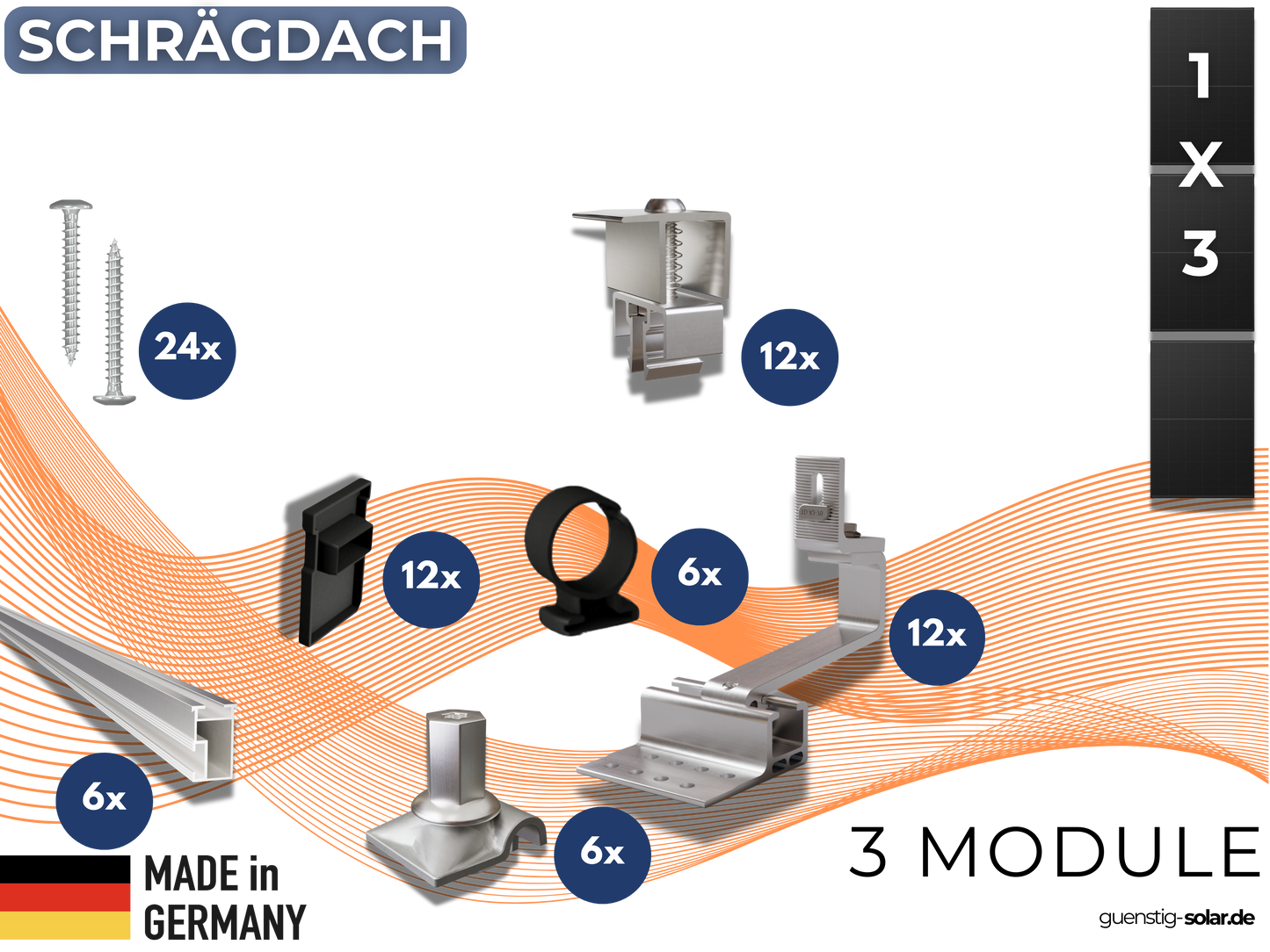 Montageset 3 PV-Module Schrägdach/Ziegeldach (1x3)