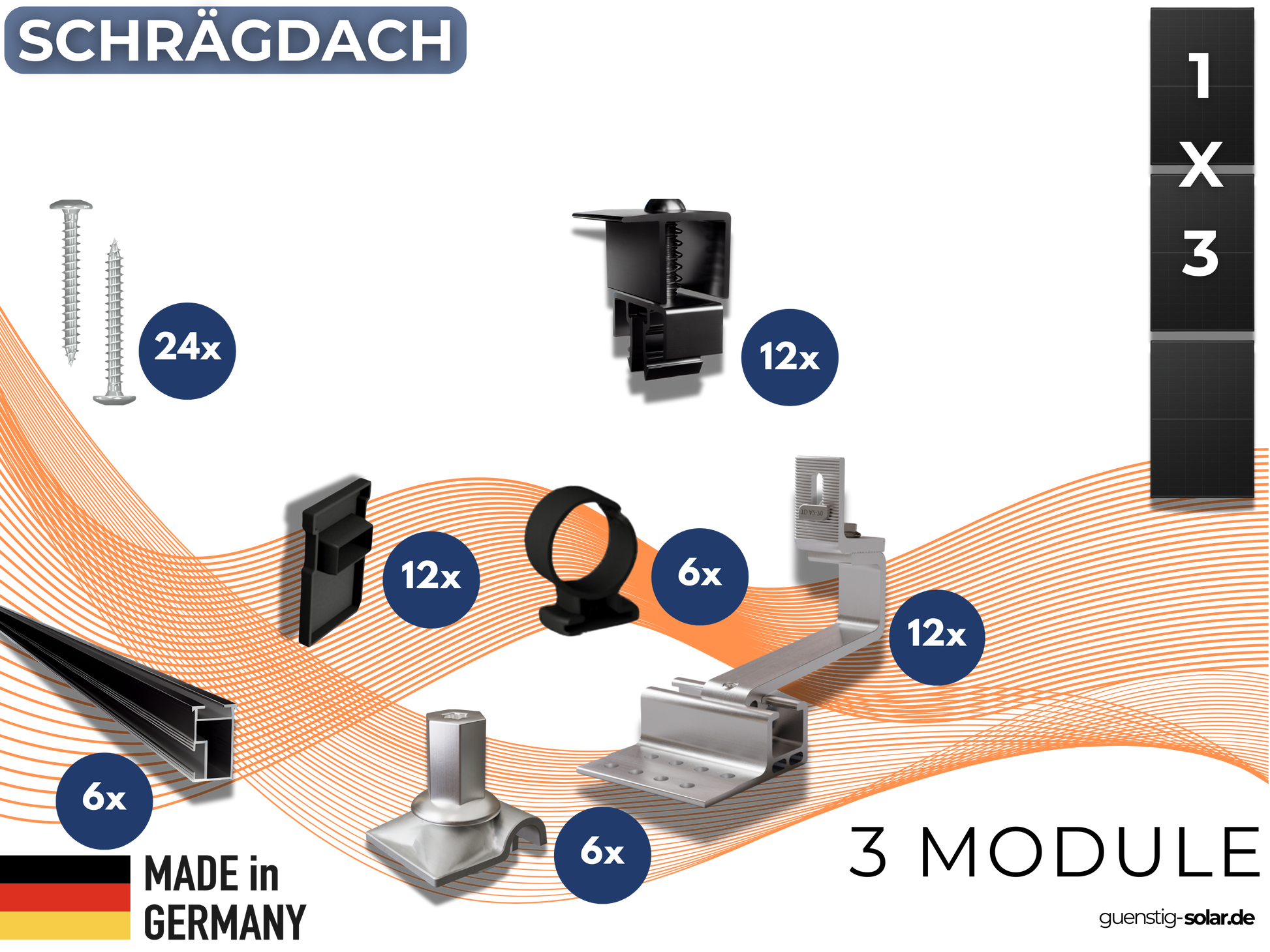 Montageset 3 PV-Module Schrägdach/Ziegeldach (1x3)