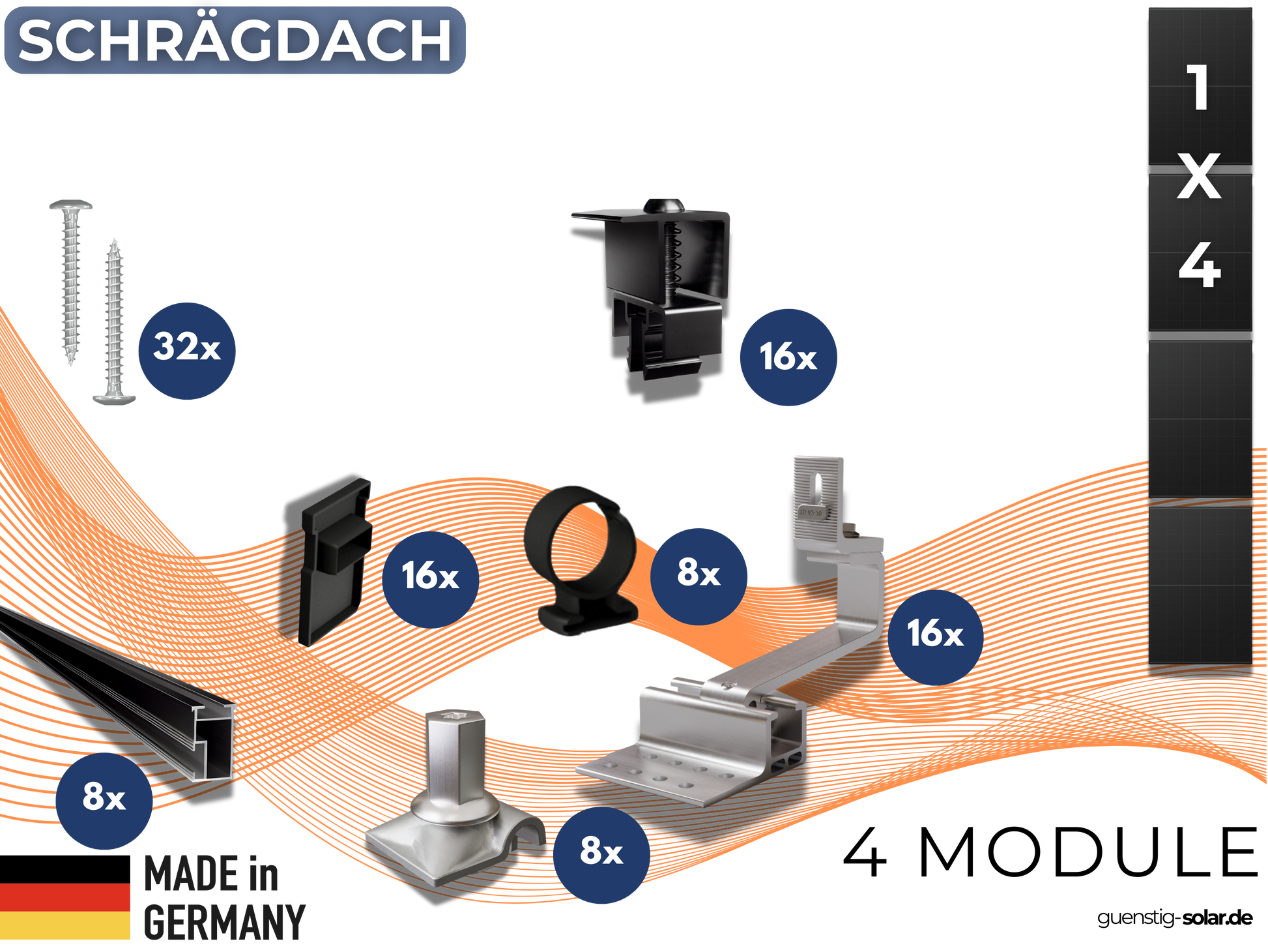 Montageset für Schrägdächer:
Passend für 1x4 Module